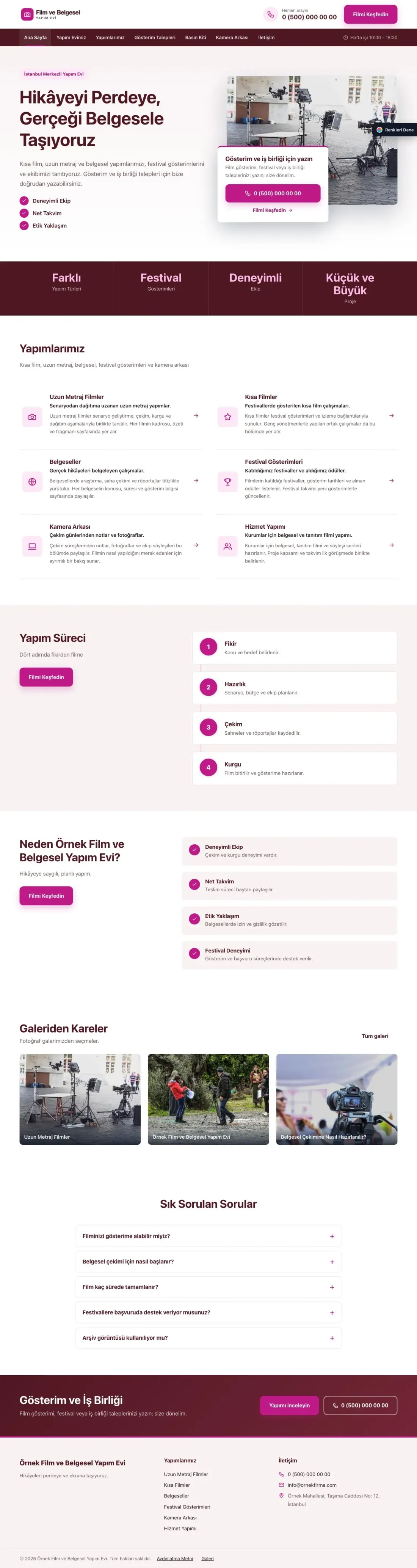 Film ve Belgesel Tanıtımı için Bölünmüş Bordo Pembe – Film ve Belgesel Tanıtımı Web Sitesi ana sayfa görünümü