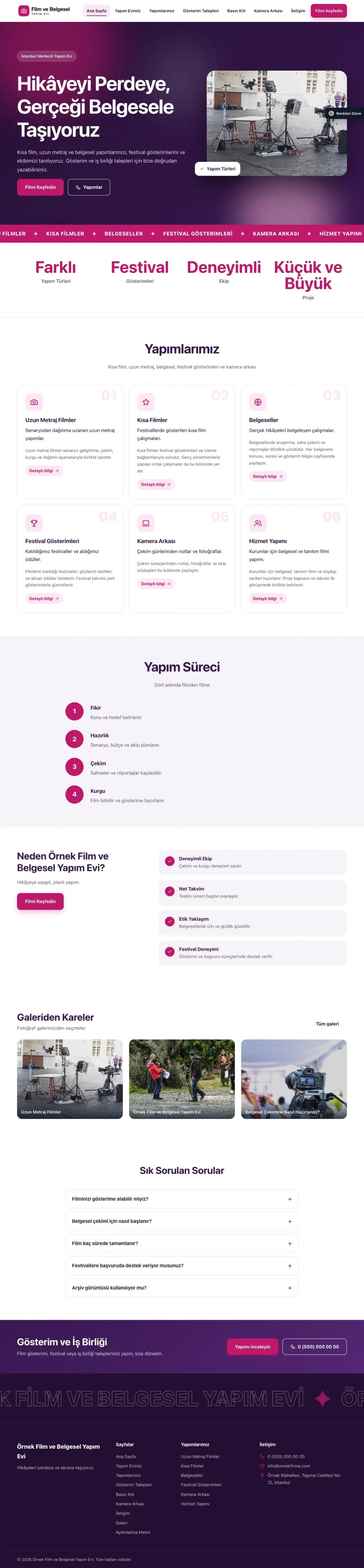 Film ve Belgesel Tanıtımı için Hareketli Mor Pembe – Film ve Belgesel Tanıtımı Web Sitesi ana sayfa görünümü