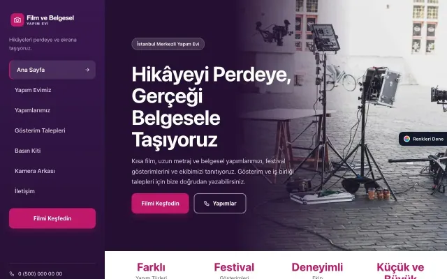 Film ve Belgesel Tanıtımı için Sol Menü Mor Pembe – Film ve Belgesel Tanıtımı Web Sitesi ana sayfa görünümü