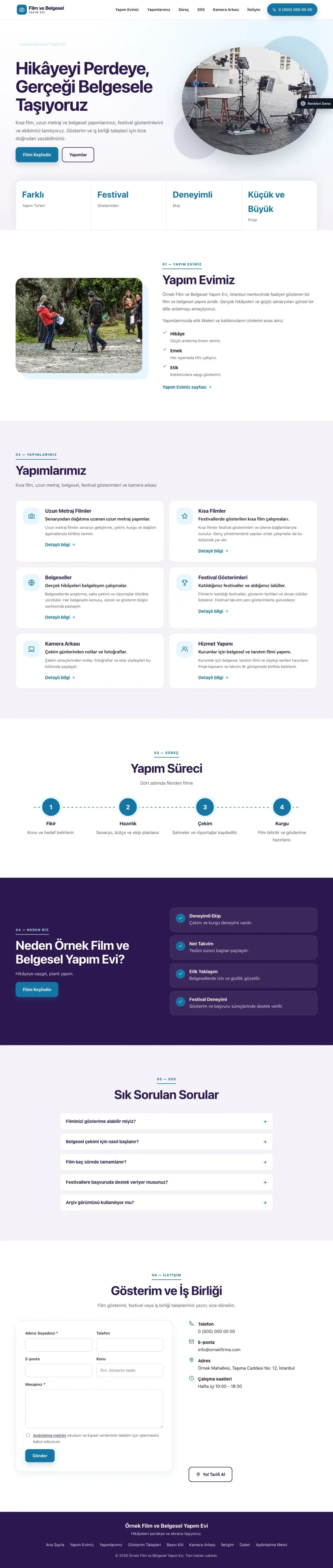 Film ve Belgesel Tanıtımı için Tek Sayfa Mor Mavi – Film ve Belgesel Tanıtımı Web Sitesi ana sayfa görünümü