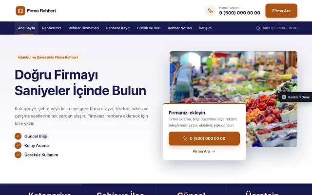 Firma Rehberi için Bölünmüş Lacivert Turuncu – Firma Rehberi Web Sitesi ana sayfa görünümü