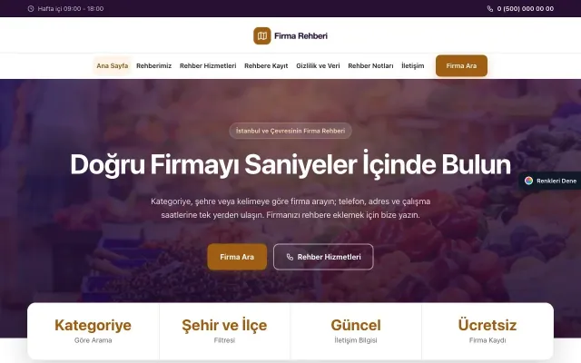 Firma Rehberi için Merkez Mor Turuncu – Firma Rehberi Web Sitesi ana sayfa görünümü