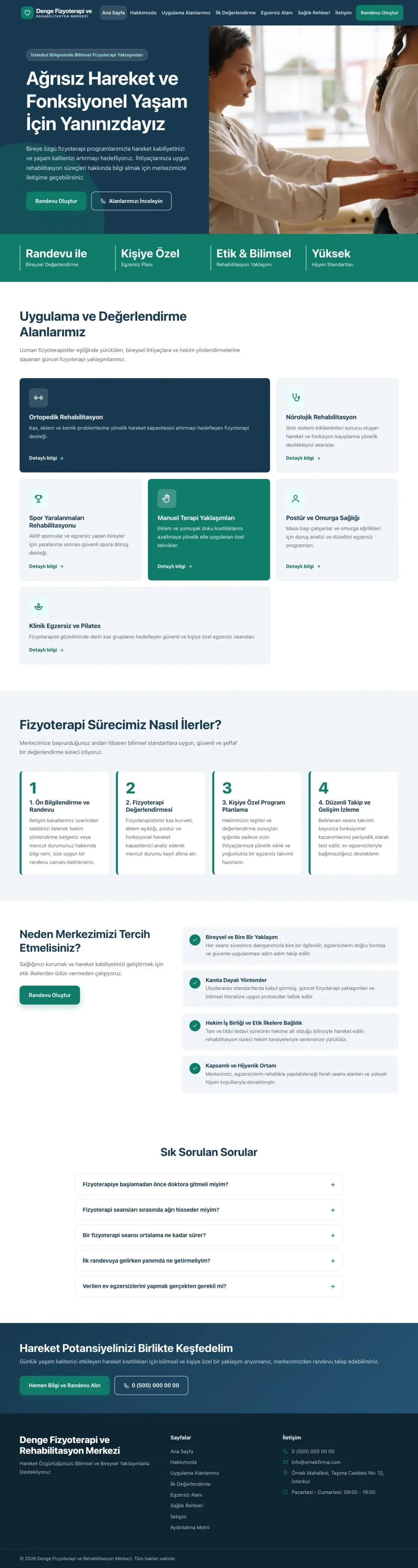 Blok Mavi Turkuaz – Fizyoterapi Web Sitesi ana sayfa görünümü