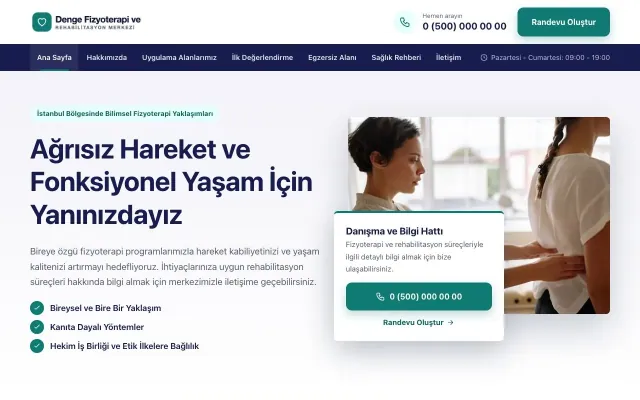 Bölünmüş Lacivert Turkuaz – Fizyoterapi Web Sitesi ana sayfa görünümü
