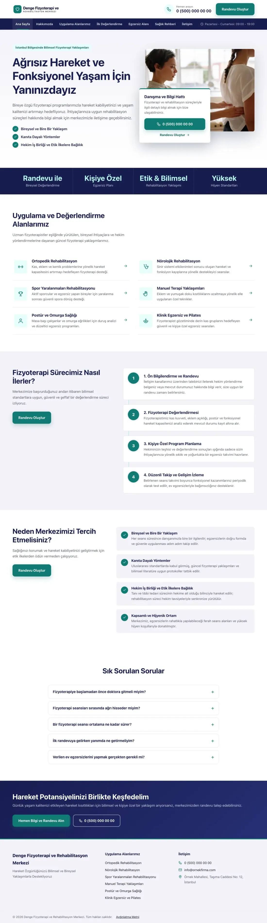 Bölünmüş Lacivert Turkuaz – Fizyoterapi Web Sitesi ana sayfa görünümü
