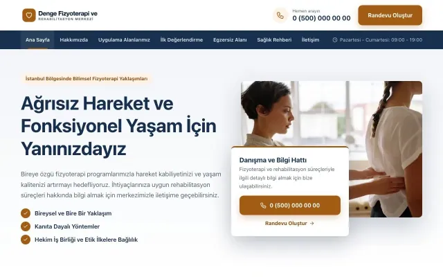Bölünmüş Mavi Turuncu – Fizyoterapi Web Sitesi ana sayfa görünümü