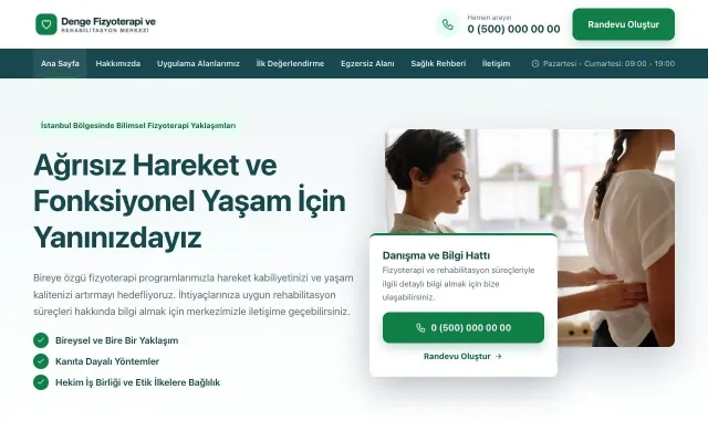 Bölünmüş Petrol Yeşil – Fizyoterapi Web Sitesi ana sayfa görünümü