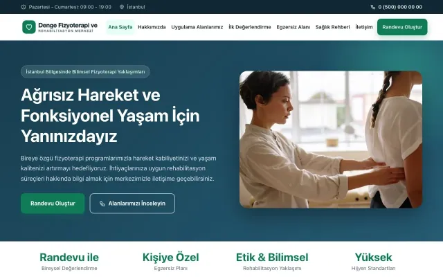 Klasik Mavi Turkuaz – Fizyoterapi Web Sitesi ana sayfa görünümü