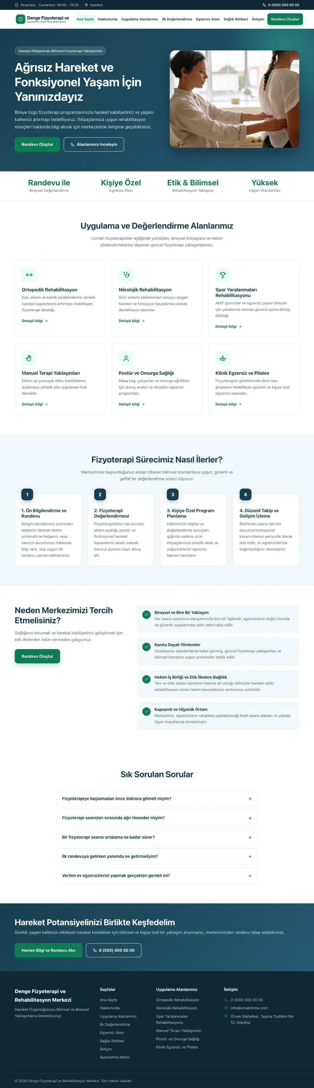 Klasik Mavi Turkuaz – Fizyoterapi Web Sitesi ana sayfa görünümü