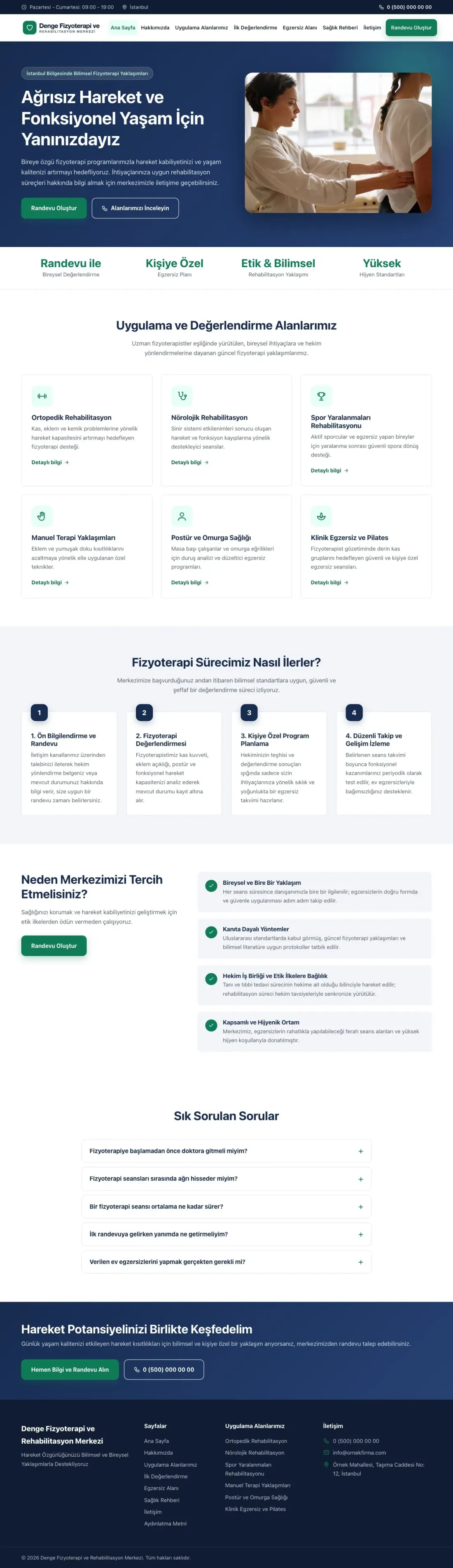 Klasik Mavi Turkuaz II – Fizyoterapi Web Sitesi ana sayfa görünümü