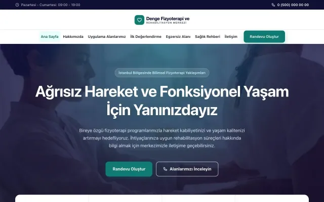 Merkez Lacivert Turkuaz – Fizyoterapi Web Sitesi ana sayfa görünümü