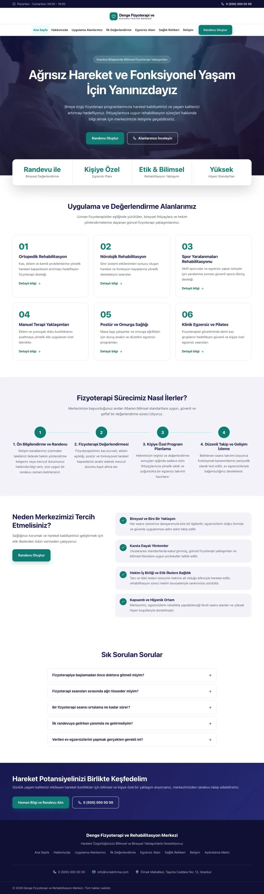Merkez Lacivert Turkuaz – Fizyoterapi Web Sitesi ana sayfa görünümü