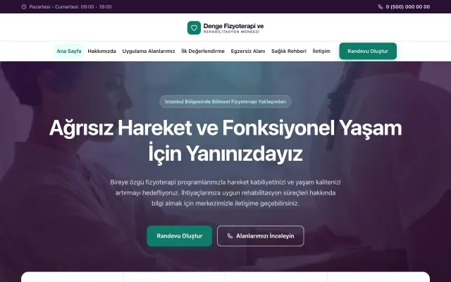 Merkez Mor Turkuaz – Fizyoterapi Web Sitesi ana sayfa görünümü
