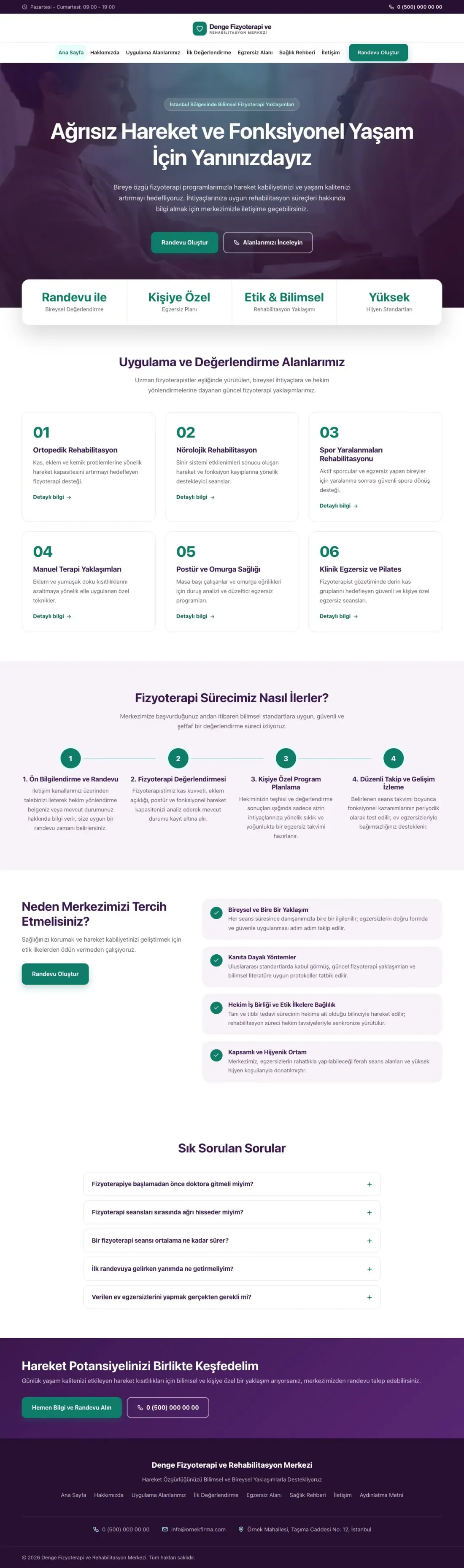 Merkez Mor Turkuaz – Fizyoterapi Web Sitesi ana sayfa görünümü