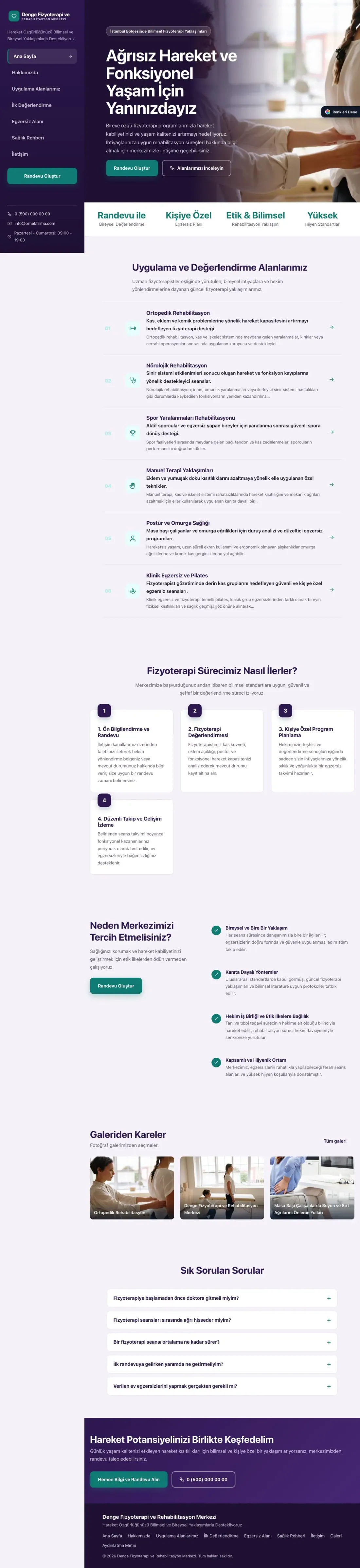 Fizyoterapi için Sol Menü Mor Turkuaz – Fizyoterapi Web Sitesi ana sayfa görünümü