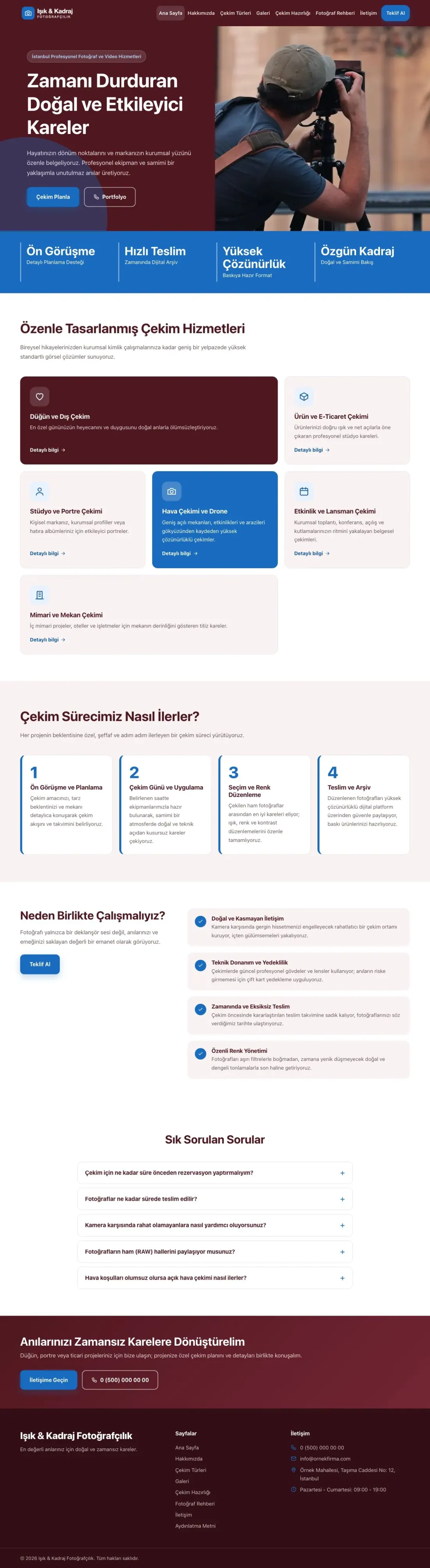 Blok Bordo Mavi – Fotoğrafçı Web Sitesi ana sayfa görünümü