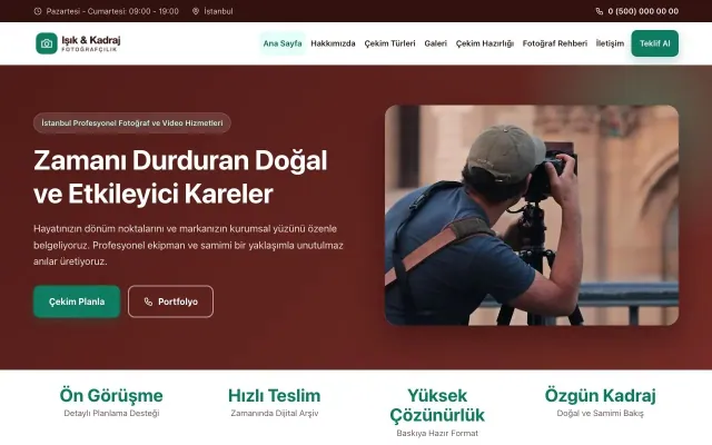 Klasik Bordo Turkuaz – Fotoğrafçı Web Sitesi ana sayfa görünümü