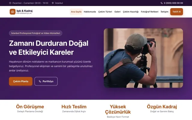Klasik Mor Turuncu – Fotoğrafçı Web Sitesi ana sayfa görünümü