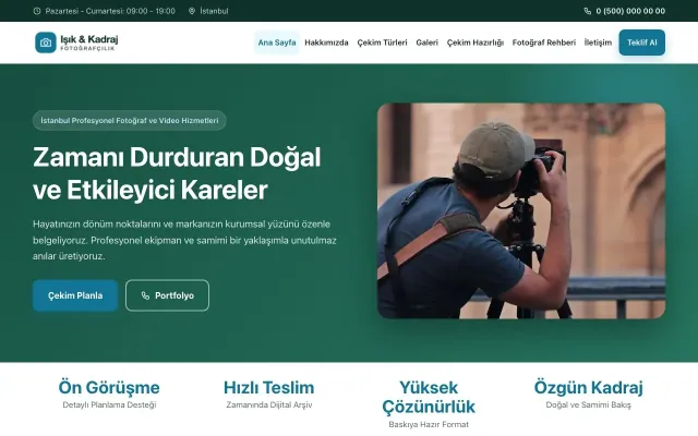 Klasik Petrol Turkuaz – Fotoğrafçı Web Sitesi ana sayfa görünümü