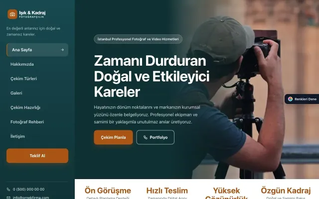 Fotoğrafçı için Sol Menü Petrol Turuncu – Fotoğrafçı Web Sitesi ana sayfa görünümü