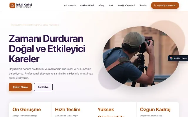 Fotoğrafçı için Tek Sayfa Mor Turuncu – Fotoğrafçı Web Sitesi ana sayfa görünümü