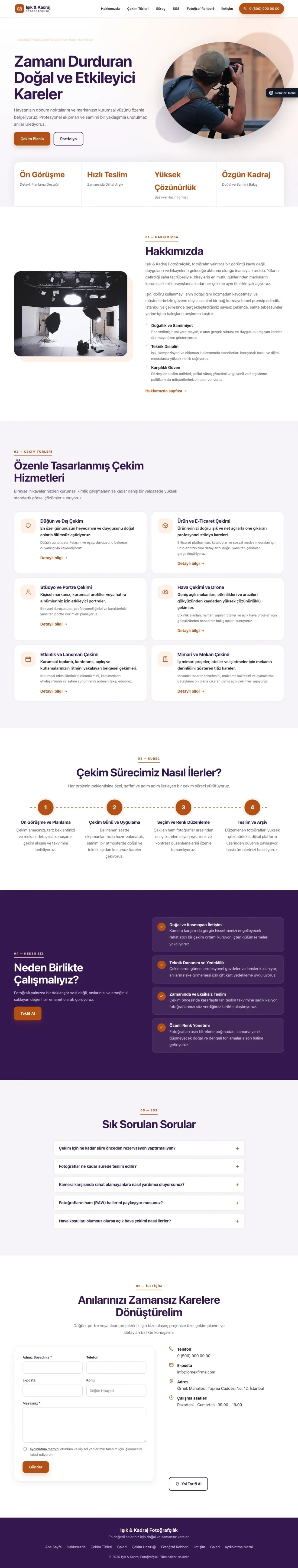 Fotoğrafçı için Tek Sayfa Mor Turuncu – Fotoğrafçı Web Sitesi ana sayfa görünümü