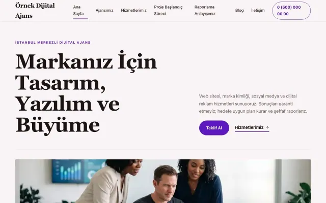 Freelancer ve Ajans için Editoryal Bordo Mor – Freelancer ve Ajans Web Sitesi ana sayfa görünümü