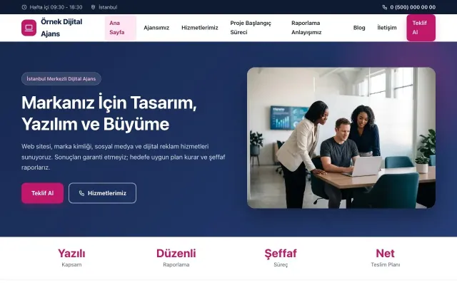 Freelancer ve Ajans için Klasik Mavi Pembe – Freelancer ve Ajans Web Sitesi ana sayfa görünümü