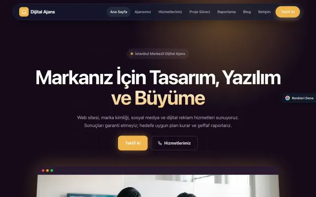 Freelancer ve Ajans için Koyu Modern Mor Turuncu – Freelancer ve Ajans Web Sitesi ana sayfa görünümü