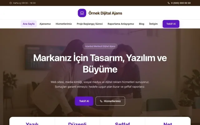 Freelancer ve Ajans için Merkez Kahve Mor – Freelancer ve Ajans Web Sitesi ana sayfa görünümü