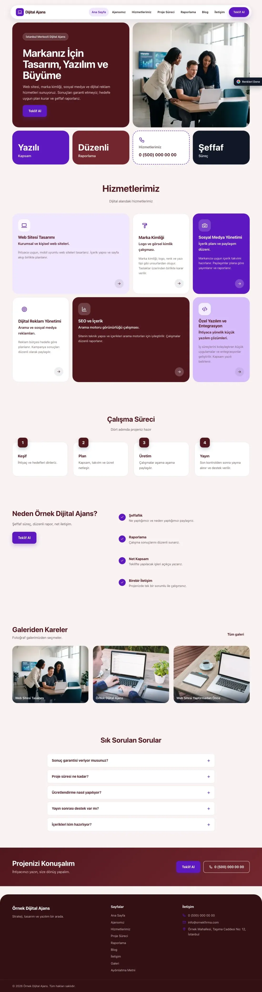 Freelancer ve Ajans için Mozaik Bordo Mor – Freelancer ve Ajans Web Sitesi ana sayfa görünümü