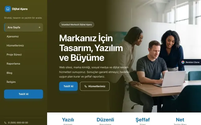 Freelancer ve Ajans için Sol Menü Zeytin Mavi – Freelancer ve Ajans Web Sitesi ana sayfa görünümü