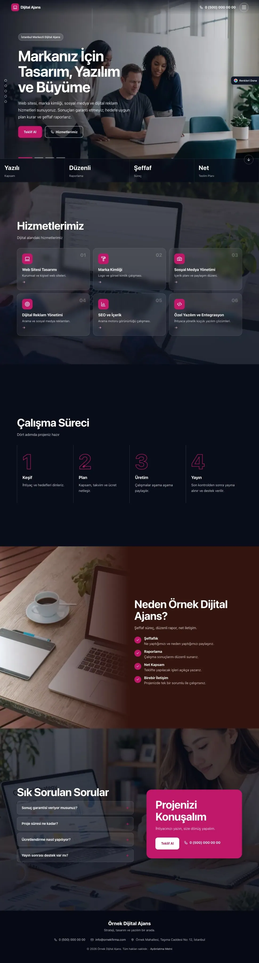 Freelancer ve Ajans için Tam Ekran Bordo Pembe – Freelancer ve Ajans Web Sitesi ana sayfa görünümü