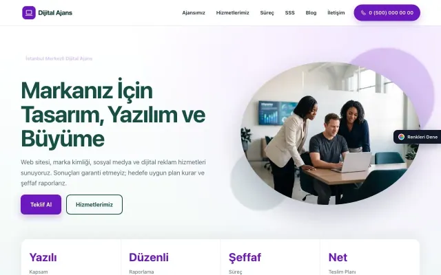 Freelancer ve Ajans için Tek Sayfa Petrol Mor – Freelancer ve Ajans Web Sitesi ana sayfa görünümü