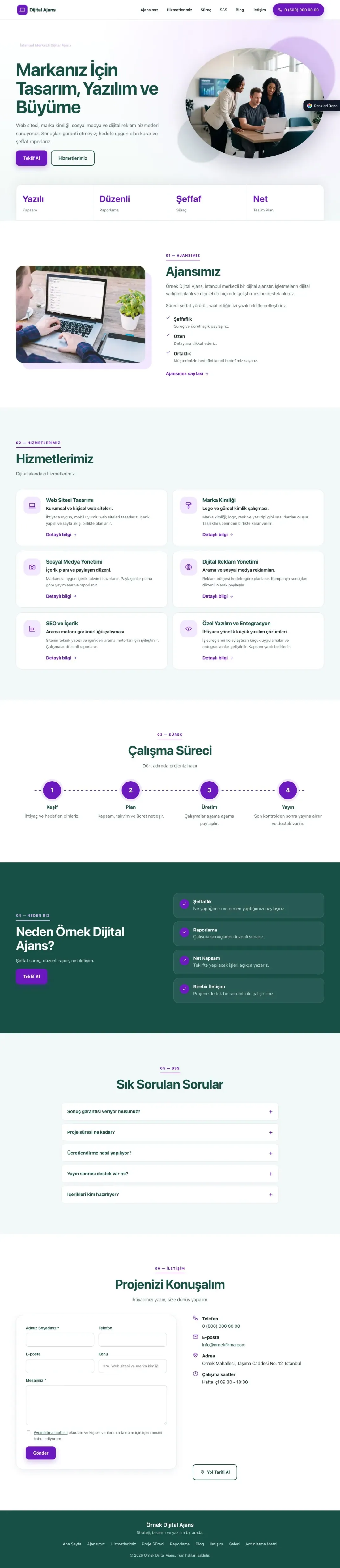 Freelancer ve Ajans için Tek Sayfa Petrol Mor – Freelancer ve Ajans Web Sitesi ana sayfa görünümü