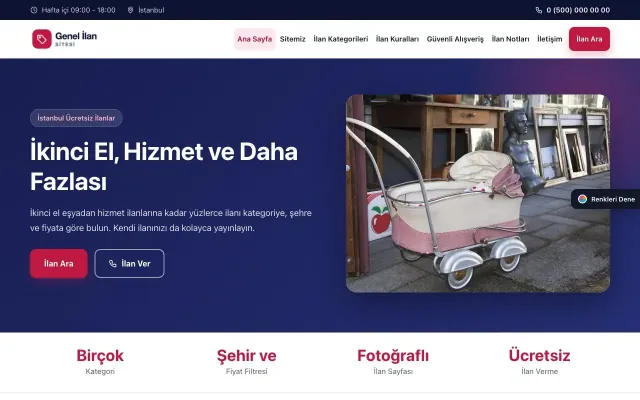 Genel İlan Sitesi için Klasik Lacivert Kırmızı – Genel İlan Sitesi Web Sitesi ana sayfa görünümü