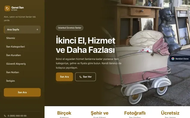 Genel İlan Sitesi için Sol Menü Kahve Turuncu – Genel İlan Sitesi Web Sitesi ana sayfa görünümü