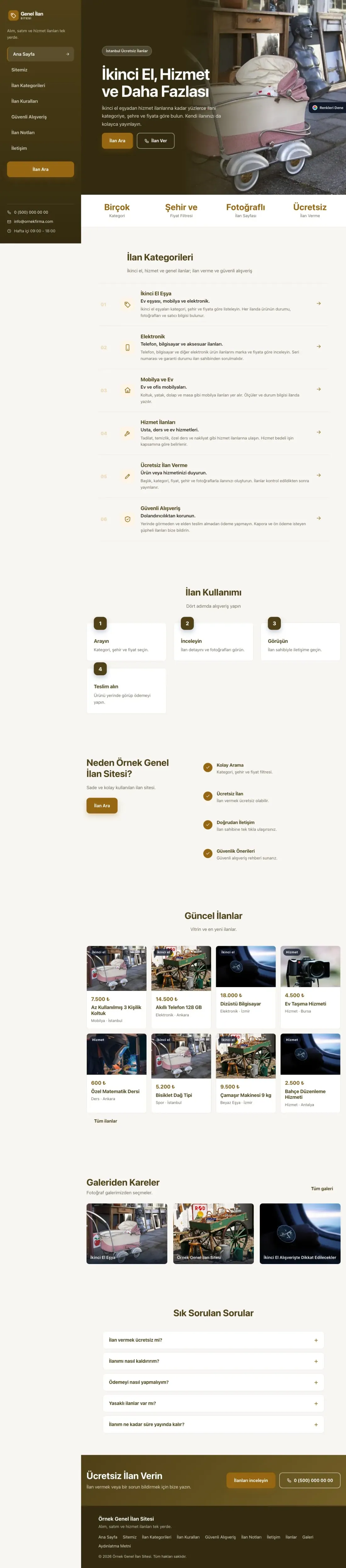 Genel İlan Sitesi için Sol Menü Kahve Turuncu – Genel İlan Sitesi Web Sitesi ana sayfa görünümü