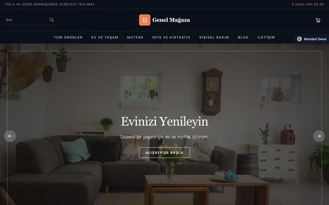 Genel Mağaza için Koyu Lüks Mavi Turuncu – Genel Mağaza E-ticaret Sitesi ana sayfa görünümü
