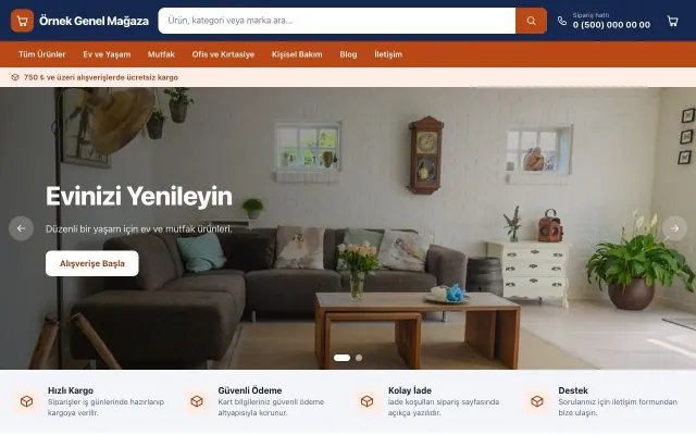 Genel Mağaza için Market Mavi Turuncu – Genel Mağaza E-ticaret Sitesi ana sayfa görünümü