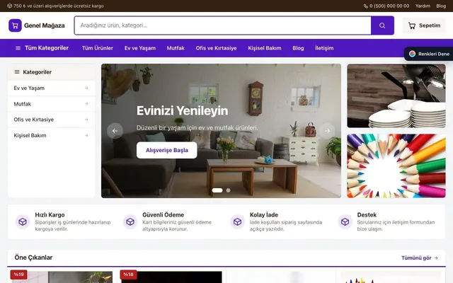 Genel Mağaza için Pazar Yeri Kahve Mor – Genel Mağaza E-ticaret Sitesi ana sayfa görünümü