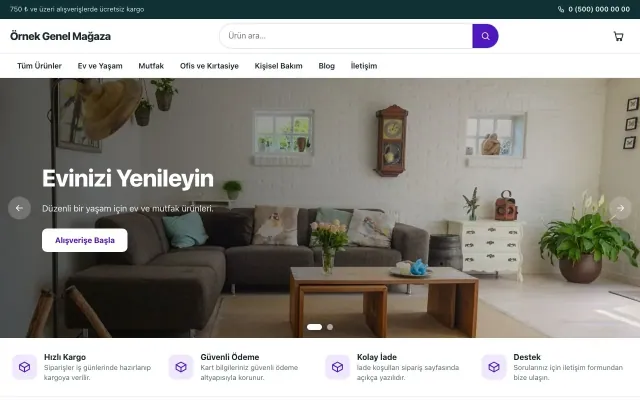 Genel Mağaza için Vitrin Petrol Mor – Genel Mağaza E-ticaret Sitesi ana sayfa görünümü