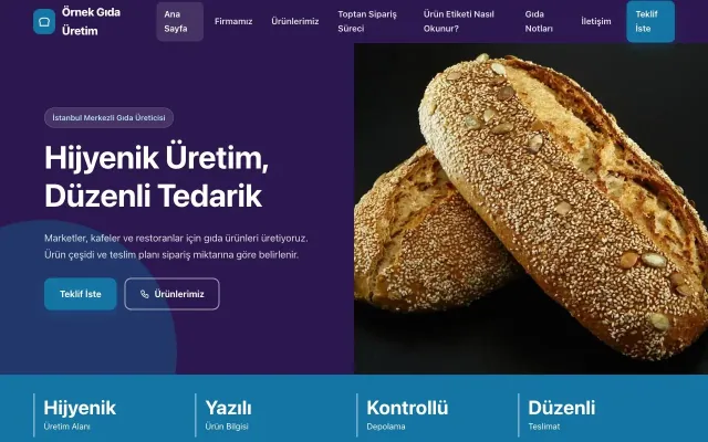 Gıda Üretimi için Blok Mor Mavi – Gıda Üretimi Web Sitesi ana sayfa görünümü