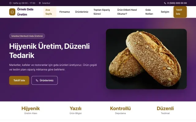 Gıda Üretimi için Klasik Mor Turuncu – Gıda Üretimi Web Sitesi ana sayfa görünümü