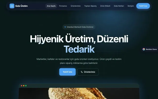Gıda Üretimi için Koyu Modern Petrol Mavi – Gıda Üretimi Web Sitesi ana sayfa görünümü