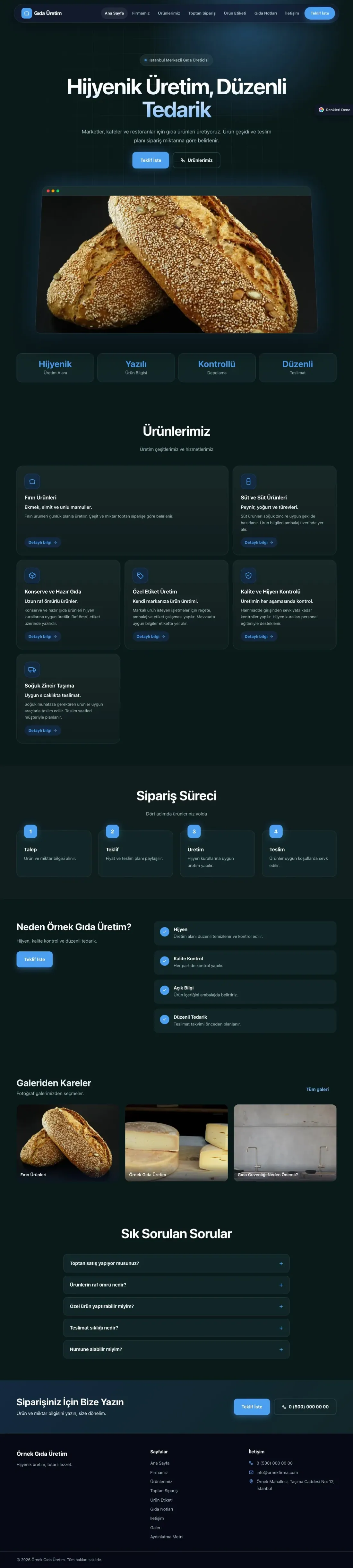 Gıda Üretimi için Koyu Modern Petrol Mavi – Gıda Üretimi Web Sitesi ana sayfa görünümü