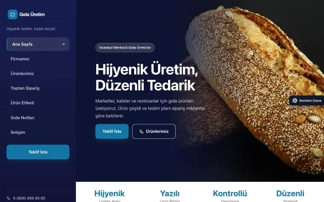 Gıda Üretimi için Sol Menü Lacivert Mavi – Gıda Üretimi Web Sitesi ana sayfa görünümü