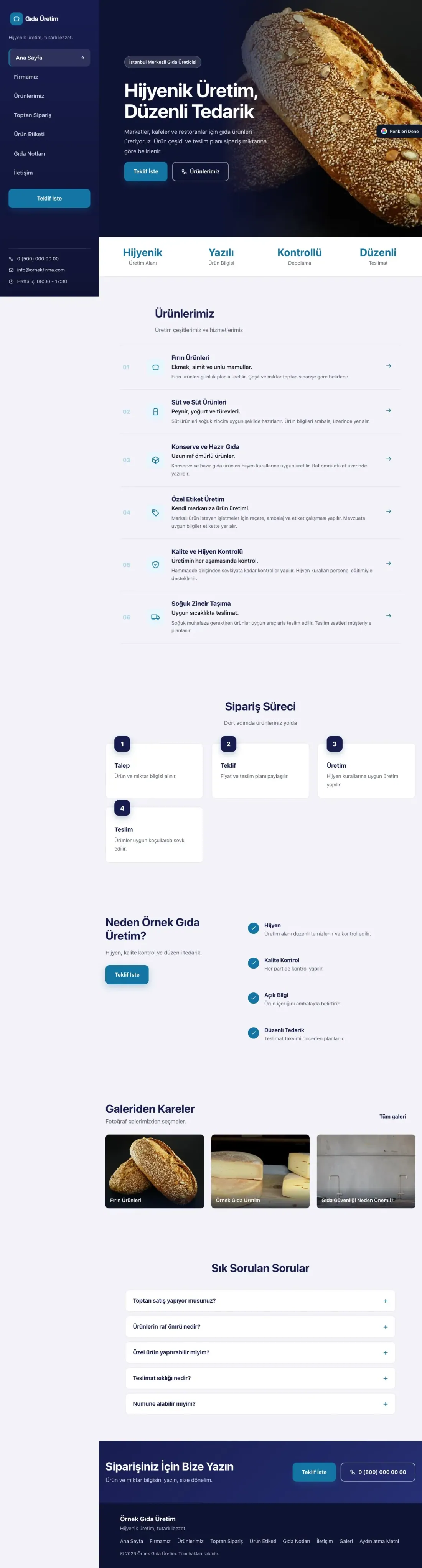 Gıda Üretimi için Sol Menü Lacivert Mavi – Gıda Üretimi Web Sitesi ana sayfa görünümü