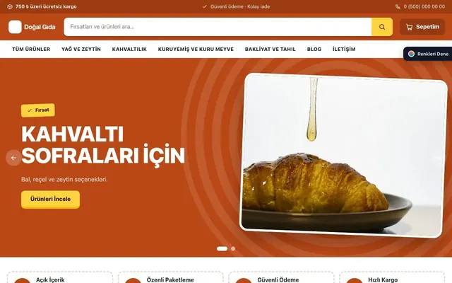 Gıda ve Organik için Kampanya Petrol Turuncu – Gıda ve Organik E-ticaret Sitesi ana sayfa görünümü