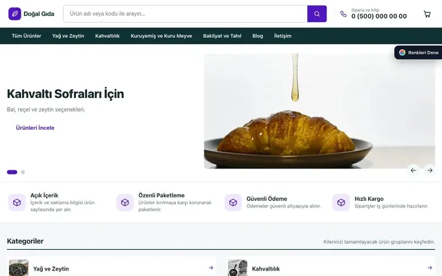 Gıda ve Organik için Liste Petrol Mor – Gıda ve Organik E-ticaret Sitesi ana sayfa görünümü